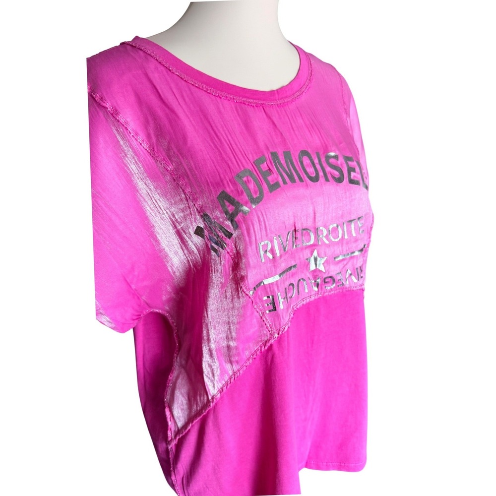Mademoiselle Rive Droite Neon Pink Mixed Media Graphic Tee Silver Metallic Star - Picture 2 of 9